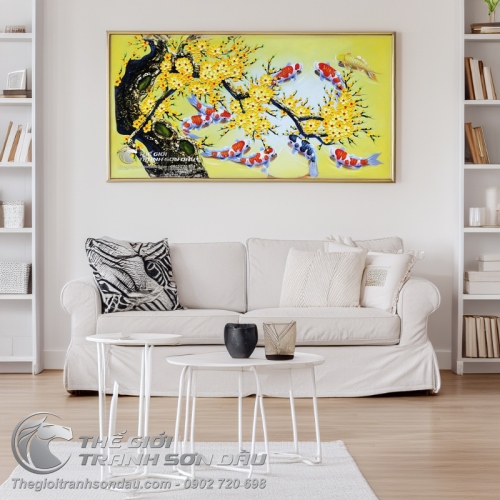 Tranh Sơn Dầu Vẽ Chín Con Cá Chép Dưới Gốc Mai Vàng