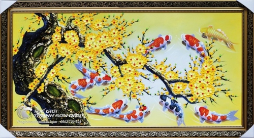 Tranh Sơn Dầu Vẽ Chín Con Cá Chép Dưới Gốc Mai Vàng