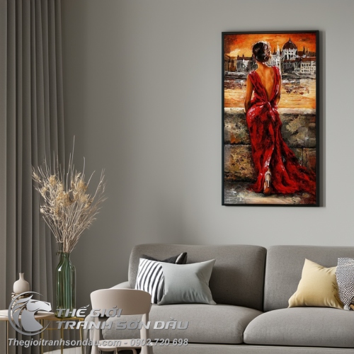 Tranh Sơn Dầu Vẽ Cô Gái Mặc Đầm Đỏ