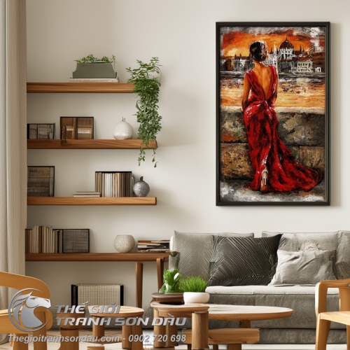 Tranh Sơn Dầu Vẽ Cô Gái Mặc Đầm Đỏ