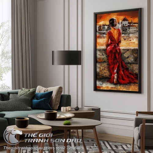 Tranh Sơn Dầu Vẽ Cô Gái Mặc Đầm Đỏ