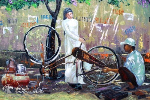Tranh Sơn Dầu Vẽ Cô Gái Sửa Xe Đạp
