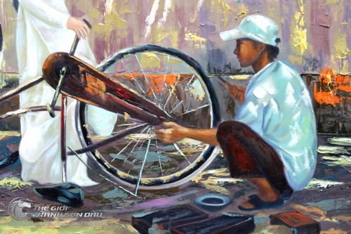 Tranh Sơn Dầu Vẽ Cô Gái Sửa Xe Đạp