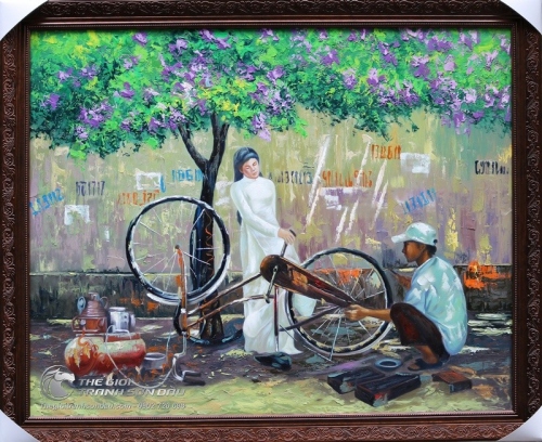 Tranh Sơn Dầu Vẽ Cô Gái Sửa Xe Đạp