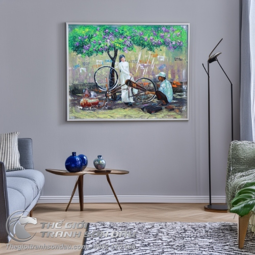 Tranh Sơn Dầu Vẽ Cô Gái Sửa Xe Đạp