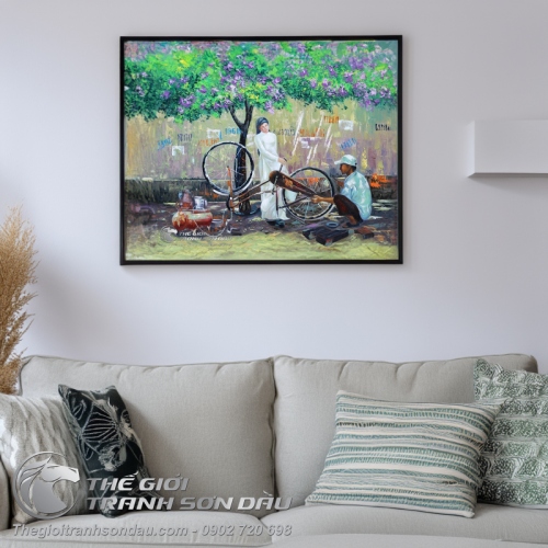 Tranh Sơn Dầu Vẽ Cô Gái Sửa Xe Đạp