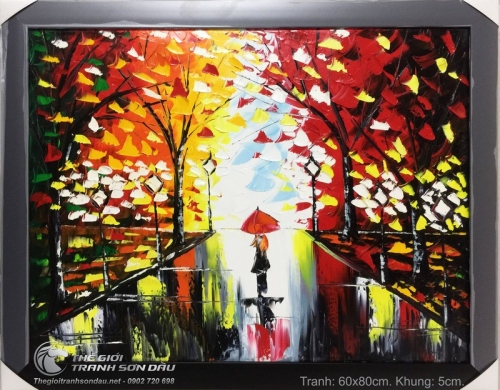 Tranh Sơn Dầu Vẽ Con Đường Và Rừng Cây Dày Màu Nghệ Thuật