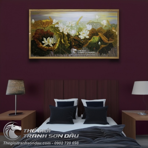 Tranh Sơn Dầu Vẽ Đầm Hoa Sen Trắng