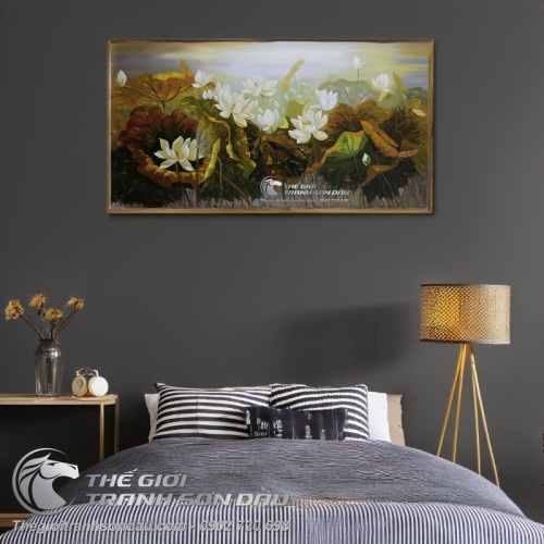 Tranh Sơn Dầu Vẽ Đầm Hoa Sen Trắng