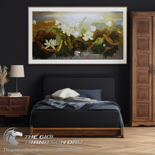 Tranh Sơn Dầu Vẽ Đầm Hoa Sen Trắng
