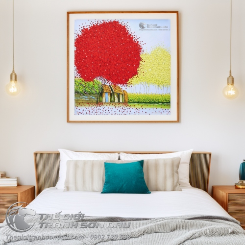 Tranh Sơn Dầu Vẽ Dày Màu Phong Cảnh Việt Nam Cây Đỏ