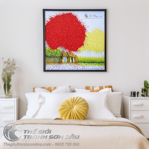 Tranh Sơn Dầu Vẽ Dày Màu Phong Cảnh Việt Nam Cây Đỏ
