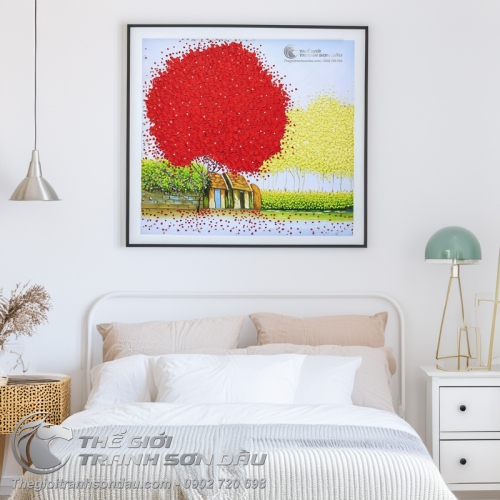Tranh Sơn Dầu Vẽ Dày Màu Phong Cảnh Việt Nam Cây Đỏ