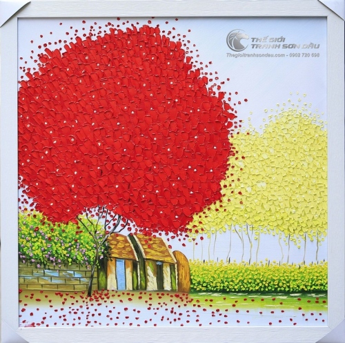 Tranh Sơn Dầu Vẽ Dày Màu Phong Cảnh Việt Nam Cây Đỏ