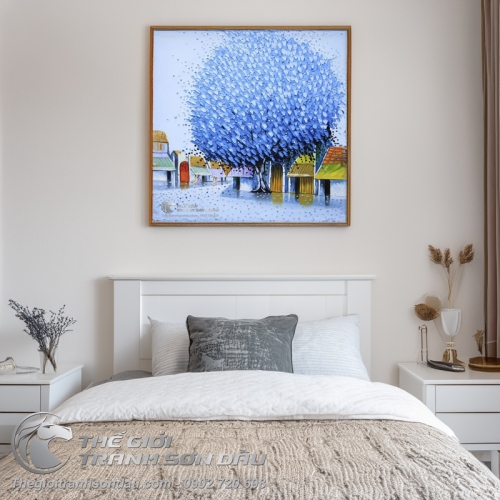 Tranh Sơn Dầu Vẽ Dày Màu Phong Cảnh Việt Nam Cây Xanh Dương