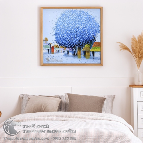 Tranh Sơn Dầu Vẽ Dày Màu Phong Cảnh Việt Nam Cây Xanh Dương