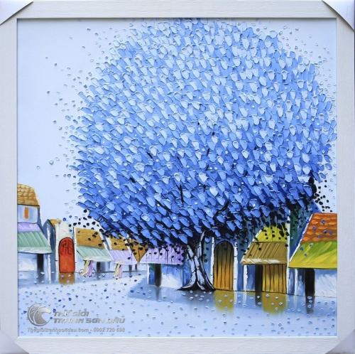 Tranh Sơn Dầu Vẽ Dày Màu Phong Cảnh Việt Nam Cây Xanh Dương