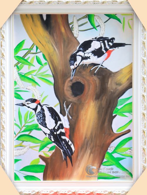 Tranh Sơn Dầu Vẽ Đôi Chim Gõ Kiến