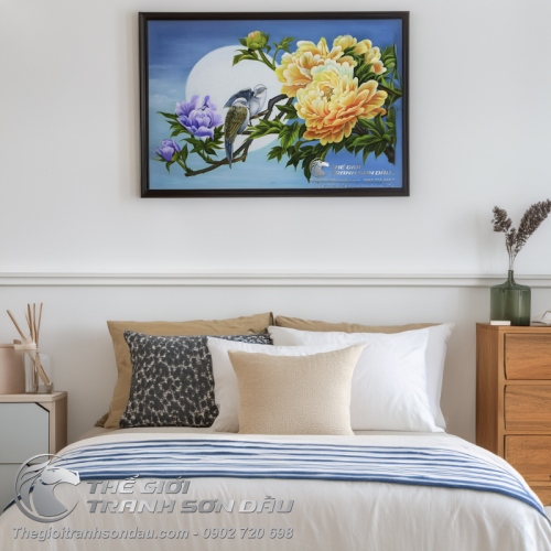 Tranh Sơn Dầu Vẽ Đôi Chim Và Hoa Mẫu Đơn Vàng