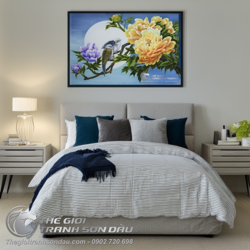 Tranh Sơn Dầu Vẽ Đôi Chim Và Hoa Mẫu Đơn Vàng