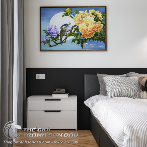 Tranh Sơn Dầu Vẽ Đôi Chim Và Hoa Mẫu Đơn Vàng