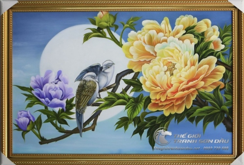 Tranh Sơn Dầu Vẽ Đôi Chim Và Hoa Mẫu Đơn Vàng