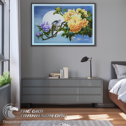 Tranh Sơn Dầu Vẽ Đôi Chim Và Hoa Mẫu Đơn Vàng
