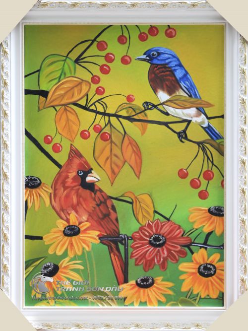 Tranh Sơn Dầu Vẽ Đôi Chim Và Hoa Mùa Thu