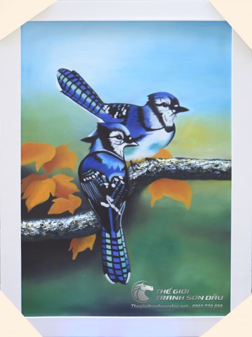 Tranh Sơn Dầu Vẽ Đôi Chim Xanh Trên Cành Lá Vàng