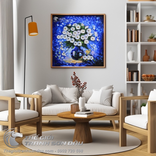 Tranh Sơn Dầu Vẽ Hoa Cúc Trắng Dày Màu