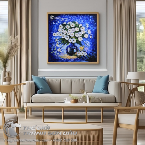 Tranh Sơn Dầu Vẽ Hoa Cúc Trắng Dày Màu