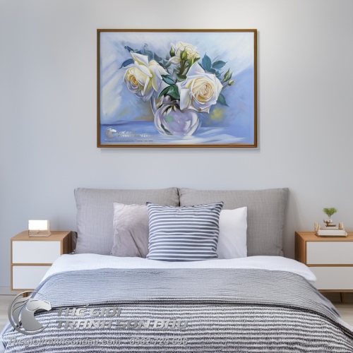 Tranh Sơn Dầu Vẽ Hoa Hồng Trắng Nghệ Thuật