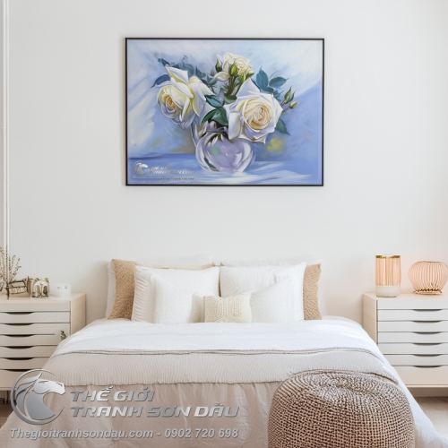 Tranh Sơn Dầu Vẽ Hoa Hồng Trắng Nghệ Thuật