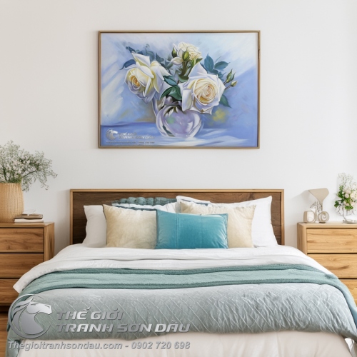 Tranh Sơn Dầu Vẽ Hoa Hồng Trắng Nghệ Thuật