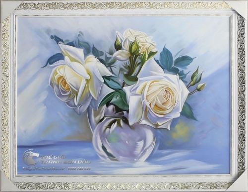 Tranh Sơn Dầu Vẽ Hoa Hồng Trắng Nghệ Thuật