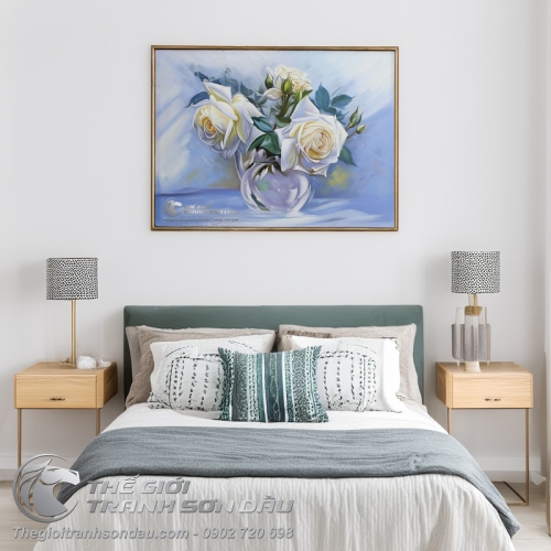 Tranh Sơn Dầu Vẽ Hoa Hồng Trắng Nghệ Thuật