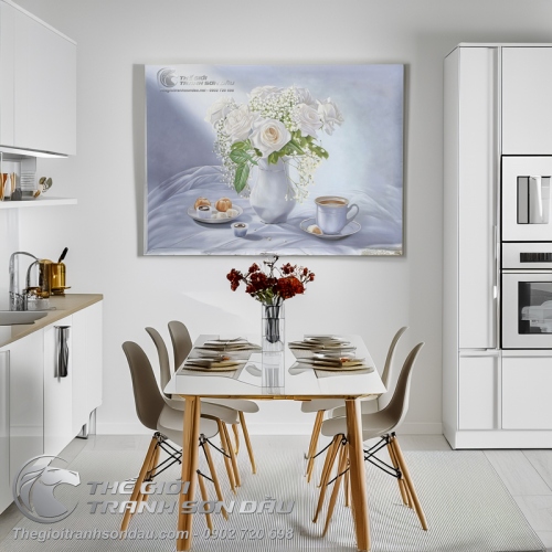 Tranh Sơn Dầu Vẽ Hoa Hồng Trắng Tinh Khôi