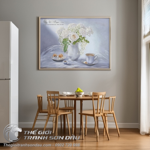 Tranh Sơn Dầu Vẽ Hoa Hồng Trắng Tinh Khôi