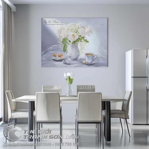 Tranh Sơn Dầu Vẽ Hoa Hồng Trắng Tinh Khôi