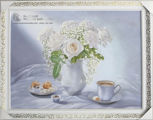 Tranh Sơn Dầu Vẽ Hoa Hồng Trắng Tinh Khôi