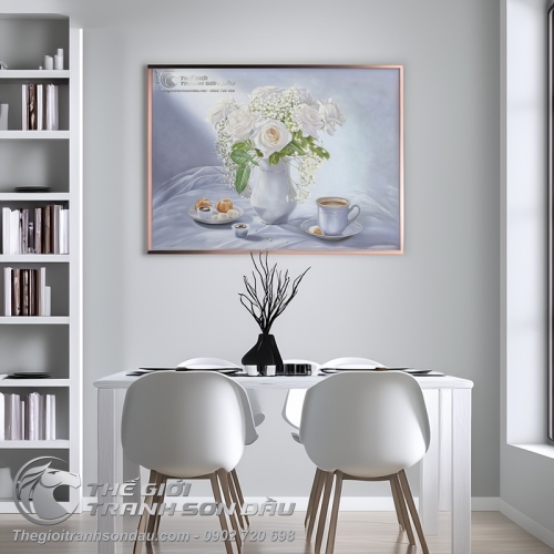 Tranh Sơn Dầu Vẽ Hoa Hồng Trắng Tinh Khôi