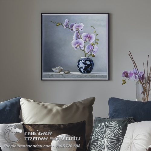 Tranh Sơn Dầu Vẽ Hoa Lan Tím Sang Trọng