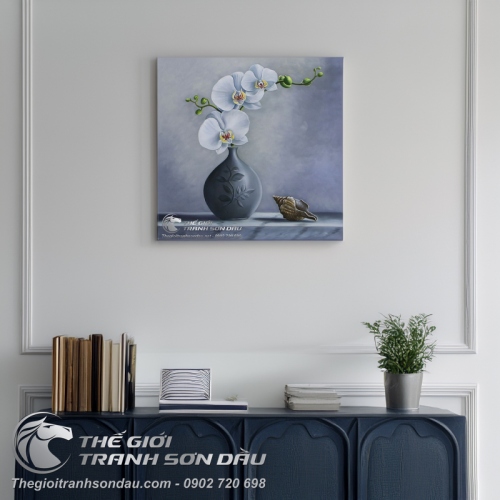 Tranh Sơn Dầu Vẽ Hoa Lan Trắng Sang Trọng