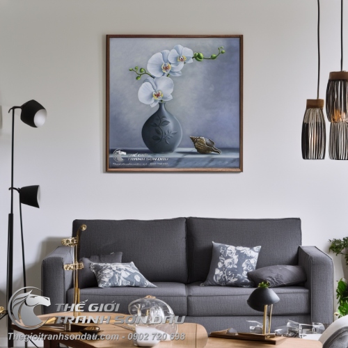 Tranh Sơn Dầu Vẽ Hoa Lan Trắng Sang Trọng