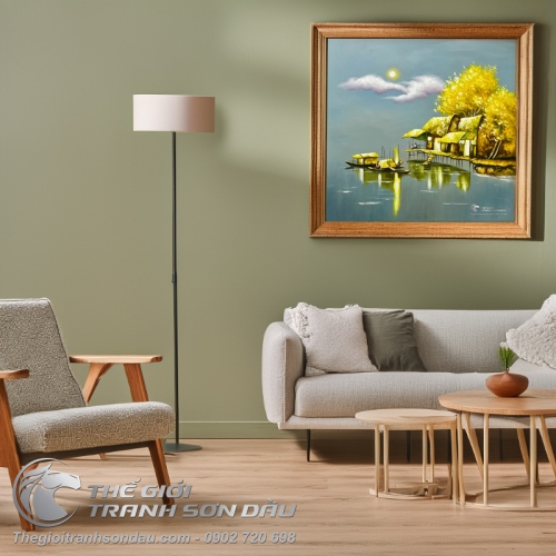 Tranh Sơn Dầu Vẽ Quê Hương Trong Ánh Trăng Vàng