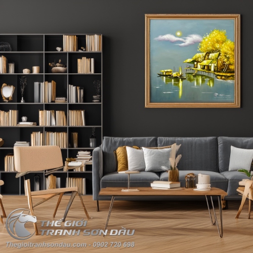 Tranh Sơn Dầu Vẽ Quê Hương Trong Ánh Trăng Vàng