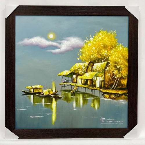 Tranh Sơn Dầu Vẽ Quê Hương Trong Ánh Trăng Vàng