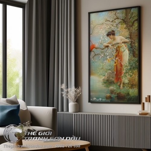 Tranh Sơn Dầu Vẽ Thiếu Nữ Bên Bờ Hồ