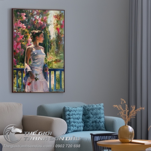 Tranh Sơn Dầu Vẽ Thiếu Nữ Cầm Hoa Hồng