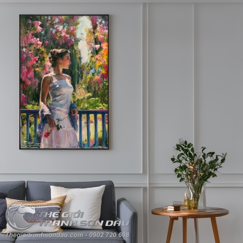 Tranh Sơn Dầu Vẽ Thiếu Nữ Cầm Hoa Hồng
